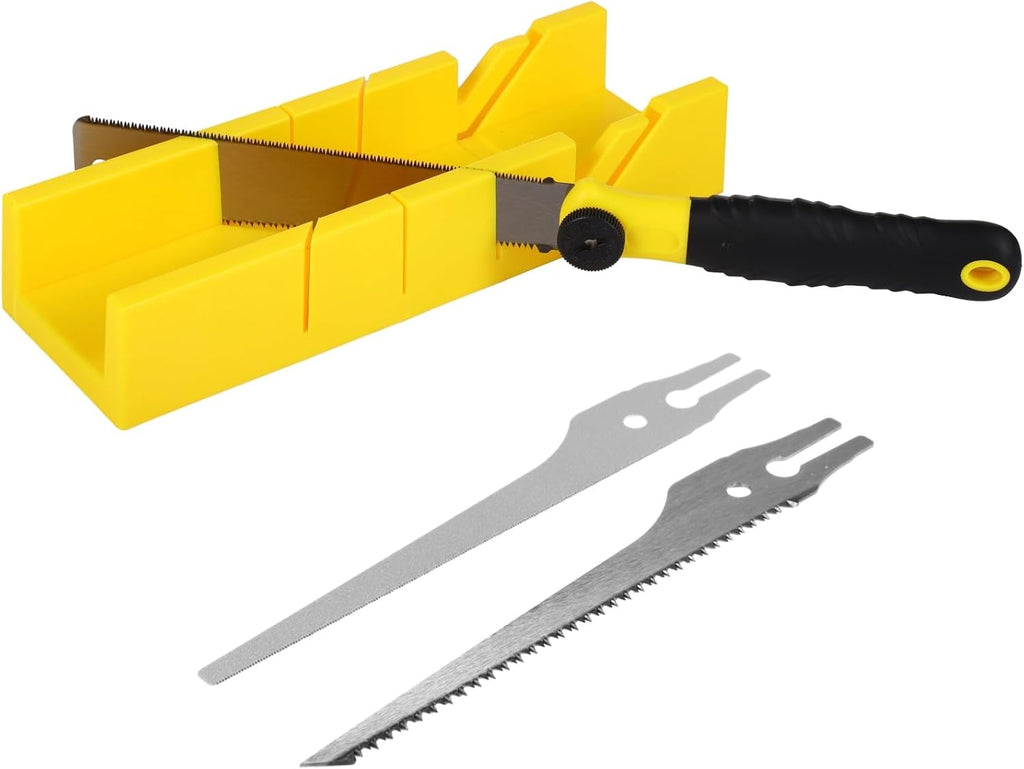 4 PCS Mitre Box and Saw Set, 3 Interchangeable Hand Saws with Fine Serrated Teeth, Yellow Miter Box with Multi-Angle Cutting Slots, Precision Cutting for DIY and Professional Projects