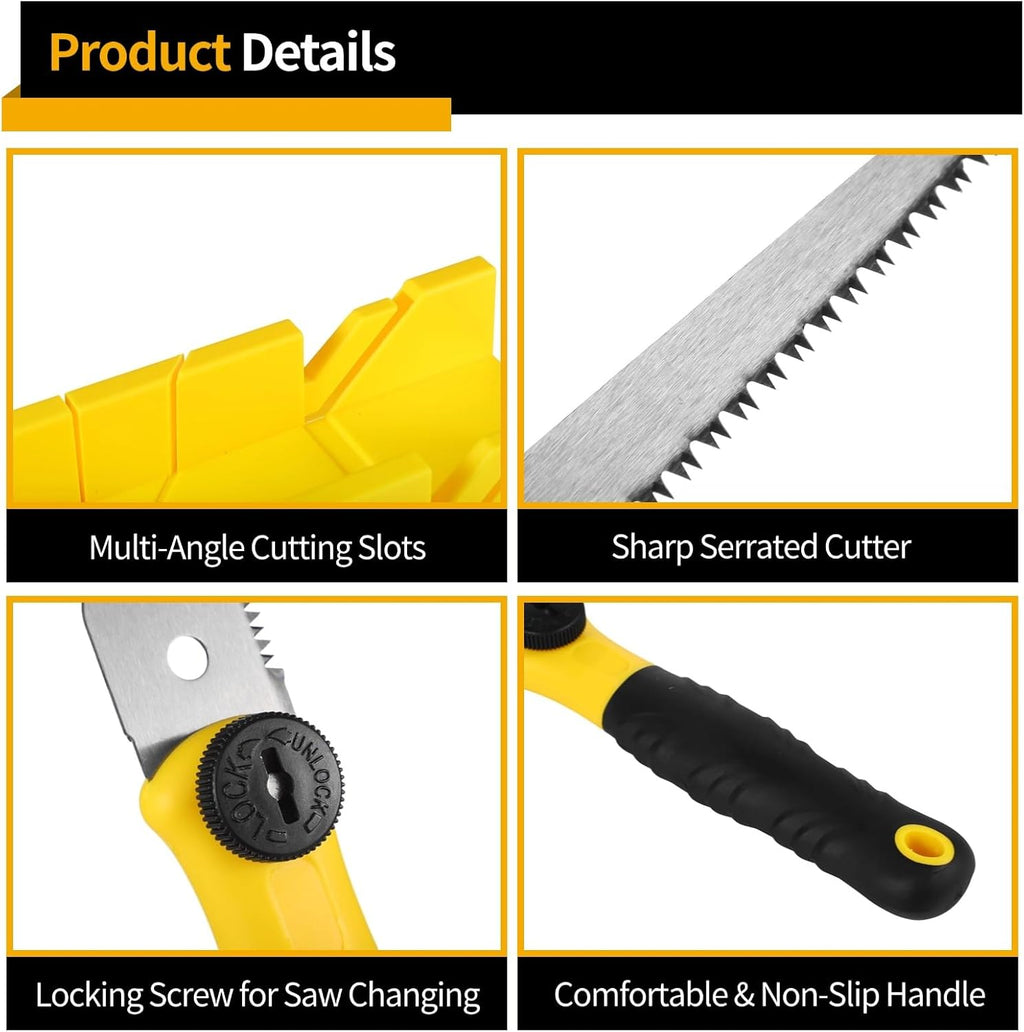 4 PCS Mitre Box and Saw Set, 3 Interchangeable Hand Saws with Fine Serrated Teeth, Yellow Miter Box with Multi-Angle Cutting Slots, Precision Cutting for DIY and Professional Projects