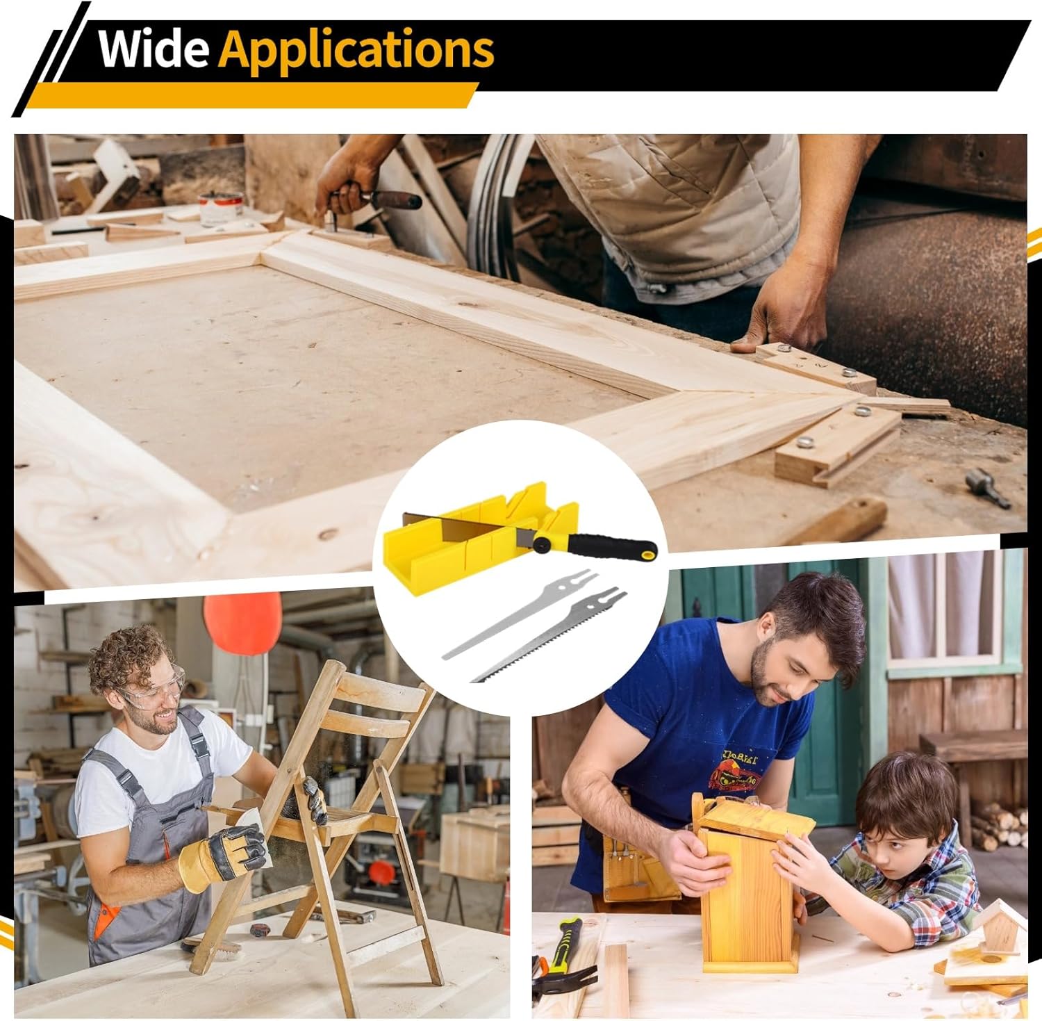 4 PCS Mitre Box and Saw Set, 3 Interchangeable Hand Saws with Fine Serrated Teeth, Yellow Miter Box with Multi-Angle Cutting Slots, Precision Cutting for DIY and Professional Projects
