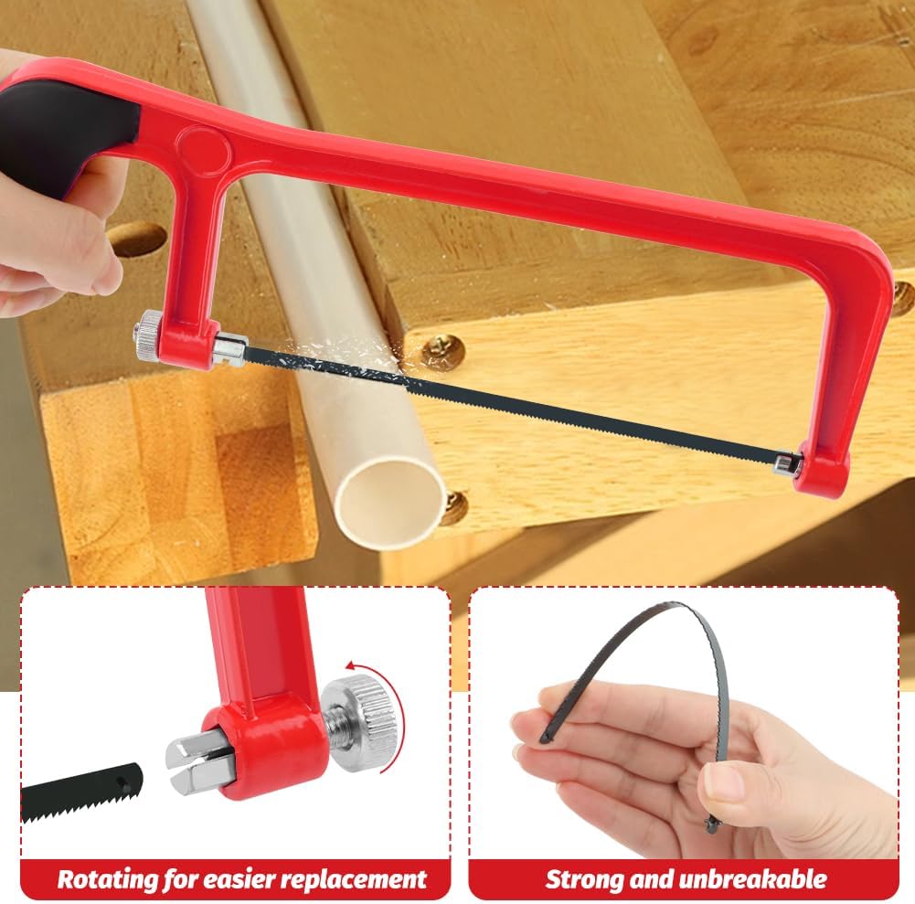 6 Inch Mini Hacksaw and Mitre Block Set, Adjustable Miter Box and Saw Set with 2 Spare Blades, Aluminum Cutting Saw Hack Saws for Woodworking, Hacksaw, Metal Cutting (Red)