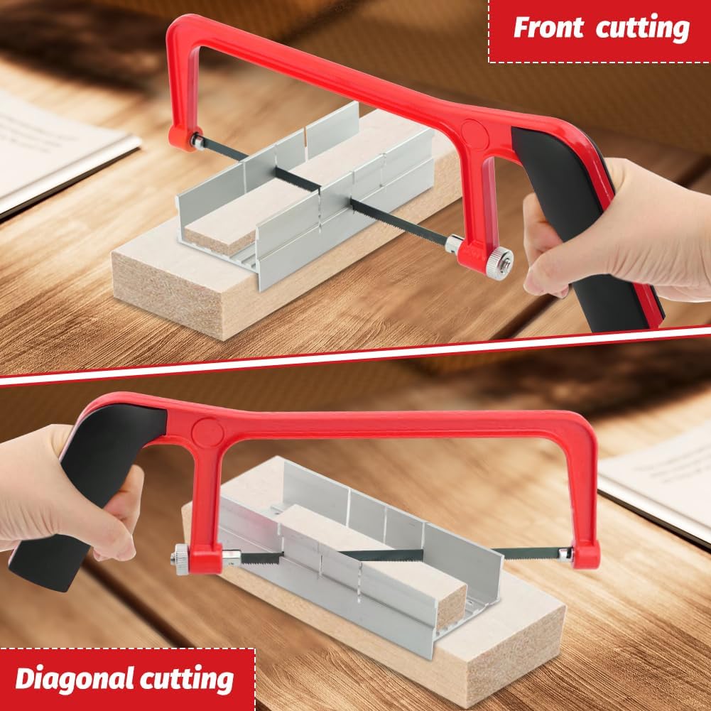 6 Inch Mini Hacksaw and Mitre Block Set, Adjustable Miter Box and Saw Set with 2 Spare Blades, Aluminum Cutting Saw Hack Saws for Woodworking, Hacksaw, Metal Cutting (Red)