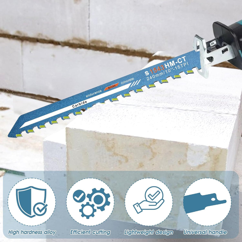 10 Inch Masonry Reciprocating Saw Blades Concrete Saw Blade Alloy Demolition Masonry Blade Universal Brick Cutting Recip Saws Blades for Cutting Aerated Concrete Hollow Brick and Cement