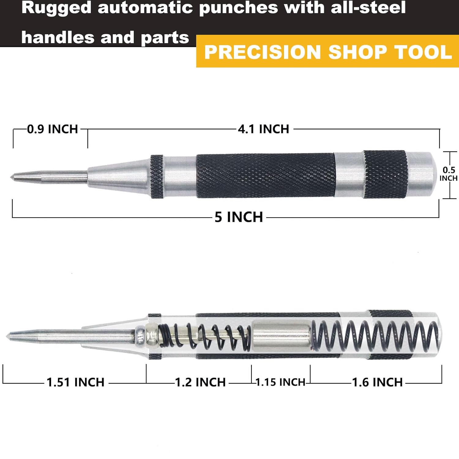 2 Pack Steel Automatic Center Punch with Adjustable Stroke - 5" (125mm) Length Spring Loaded Style, Knurled Steel Handle for Metal Wood Glass Plastic, Metal Marking Tool for Woodworking