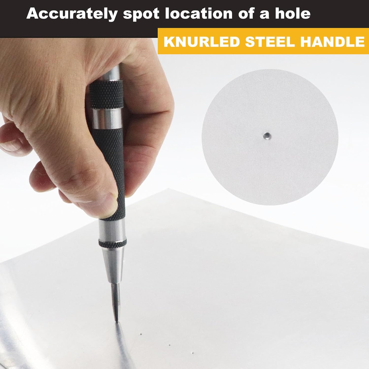 2 Pack Steel Automatic Center Punch with Adjustable Stroke - 5" (125mm) Length Spring Loaded Style, Knurled Steel Handle for Metal Wood Glass Plastic, Metal Marking Tool for Woodworking