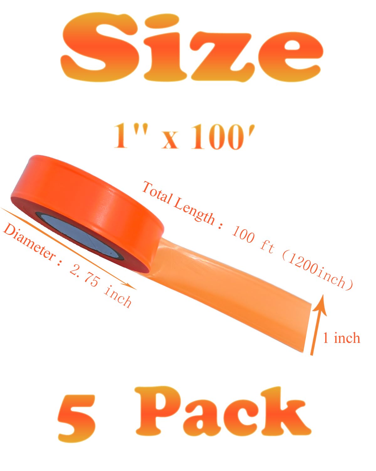 5 Rolls Flagging Marking Tape Orange,Non-Adhesive Survey Tape,Hi-Vis Plastic Ribbon Outdoor,Fade-Resistant for Surveyors Tree Hunting Trail Boundaries & Hazardous Areas Workplace (1" x 100′/Roll)