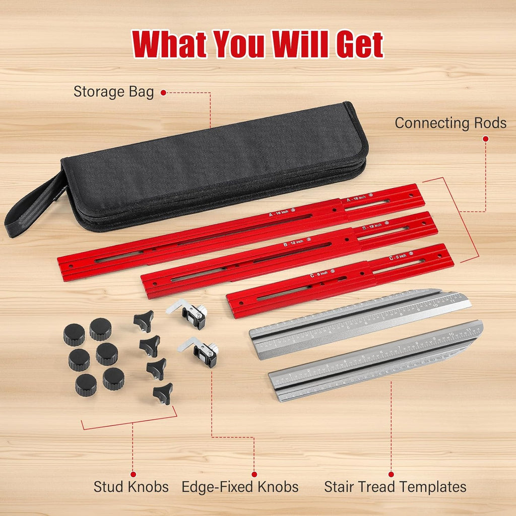 Stair Tread Template Tool, 9-67" Adjustable Length Stair Tread Gauge Measuring Tool jig with Edge-Fixed Knob