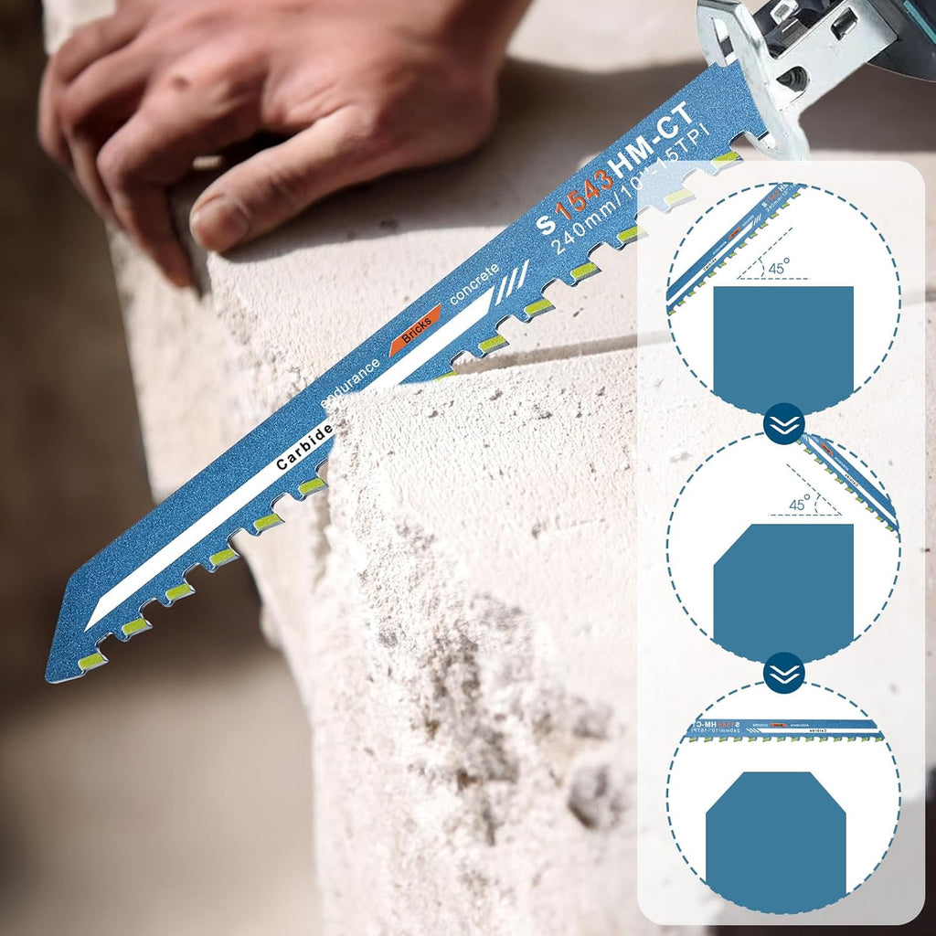 10 Inch Masonry Reciprocating Saw Blades Concrete Saw Blade Alloy Demolition Masonry Blade Universal Brick Cutting Recip Saws Blades for Cutting Aerated Concrete Hollow Brick and Cement